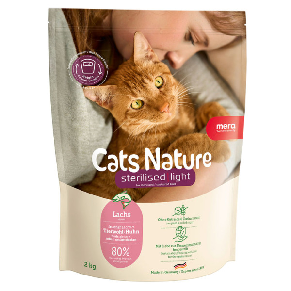 Mera (Мера) Cats Nature Grain Free Salmon Sterilised & Light Adult - Сухой беззерновой корм для взрослых стерилизованных котов для контроля веса с мясом лосося 2 кг