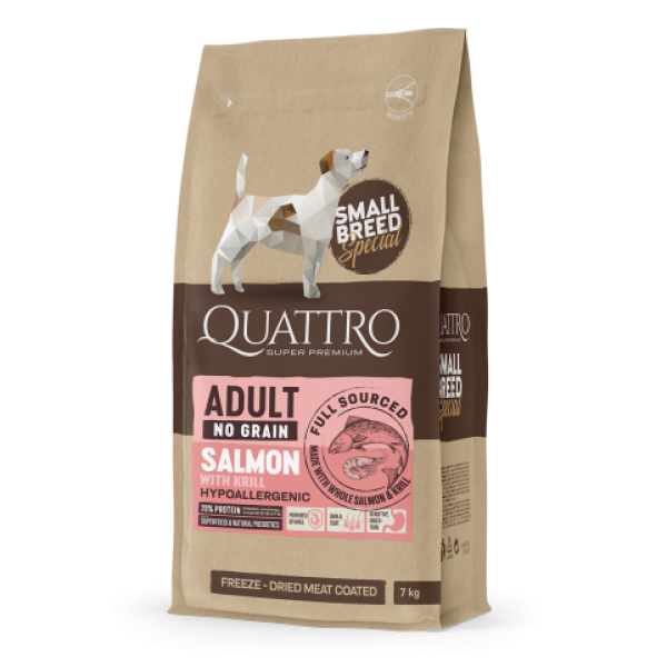 Quattro (Кватро) Dog Grain Free Salmon & Krill Adult Mini - Сухой беззерновой корм для взрослых собак мелких пород с мясом лосося и крилем 7 кг