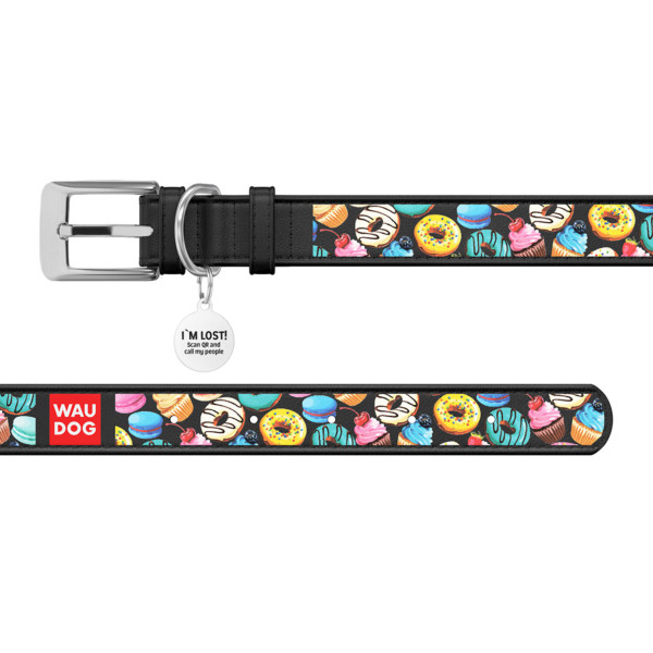 WauDog (ВауДог) Design рисунок "Пончики" - Ошейник для собак кожаный черный (Ш 12 мм, Длин 20-28 см) XS