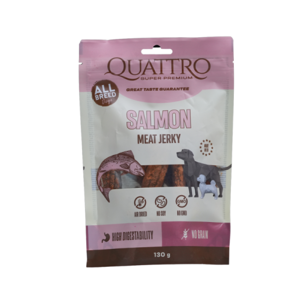 Quattro (Кватро) Dog Grain Free Salmon Jerky Adult All Breeds - Лакомство беззерновое для взрослых собак всех пород джерки с мясом лосося 130 г