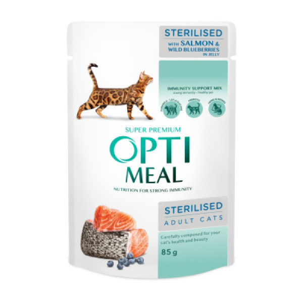 Optimeal (Оптимил) Cat Sterilised Salmon&Blueberries in Jelly - Влажный корм для стерилизованных кошек с лососем и черникой в желе 85 г
