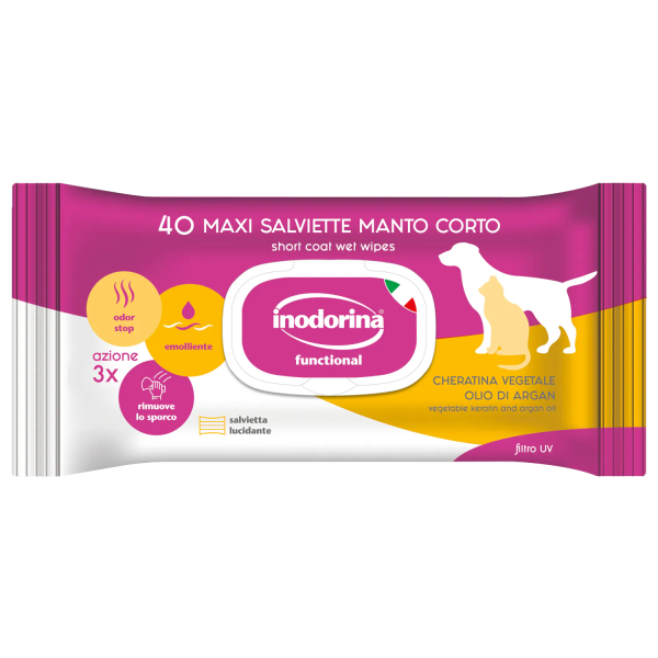 Inodorina (Инодорина) Functional Cheratina Vegetale Olio Di Argan -Влажные салфетки для короткошерстных собак и кошек с аргановым маслом и ароматом жасмина 40 шт