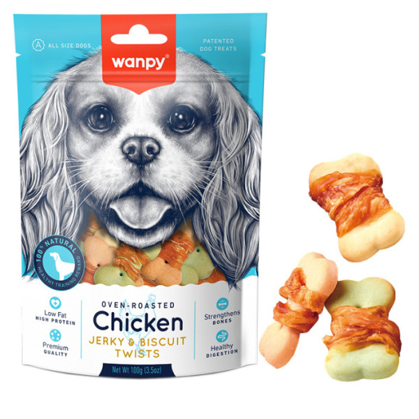 Wanpy (Ванпи) Chicken Jerky & Biscuit Twists - Лакомство для собак бисквит с вяленой курицей, печенье 100 г