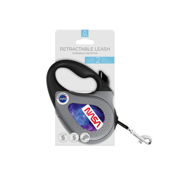 WauDog (ВауДог) Re-Leash "NASA21" - Повідець-рулетка для собак чорна зі світловідбивною стрічкою (В 15 кг, Дов 5 м) розмір S
