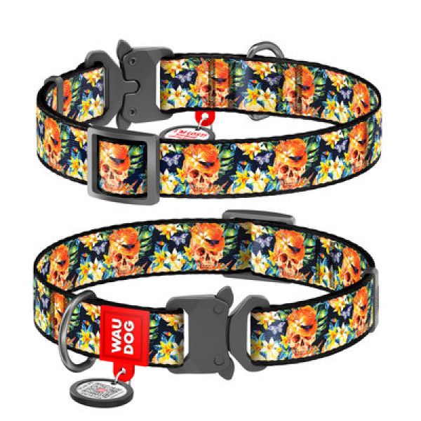 Нашийник, "Гламурні черепа", метал. пряжка-фастекс, Ш 25 мм, Дл 31-49 см, L, WAUDOG Nylon c QR