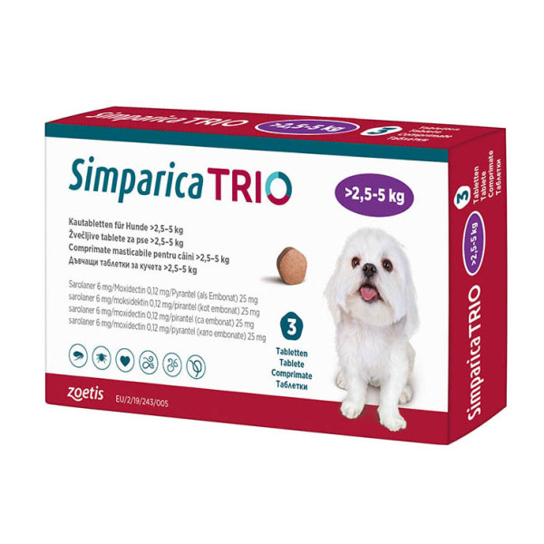 Zoetis Simparica (Симпарика) Trio - Таблетки для собак весом от 2.5 до 5 кг от блох, клещей и гельминтов 1 шт.