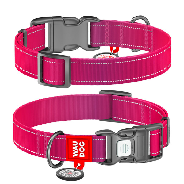 WAUDOG (ВАУДОГ) Nylon Mono ошейник для собак нейлоновый розовый с QR паспортом светоотражающий пластиковый фастекс L 33-49 см