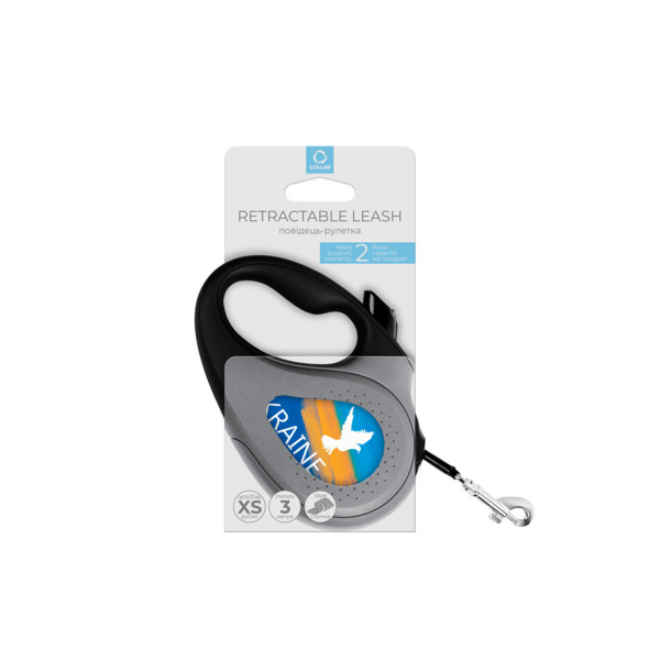 WauDog (ВауДог) Re-Leash "Флаг" - Поводок-рулетка для собак черная со светоотражающей лентой (В 12 кг, Дл 3 м) размер XS