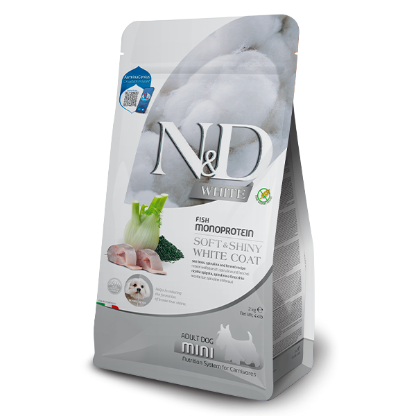 Farmina (Фармина) Dog Grain Free N&D White Adult Mini Sea Bass, Spirulina & Fennel - Сухой корм для взрослых собак мелких пород беззерновой с рыбой и спирулиной 2 кг