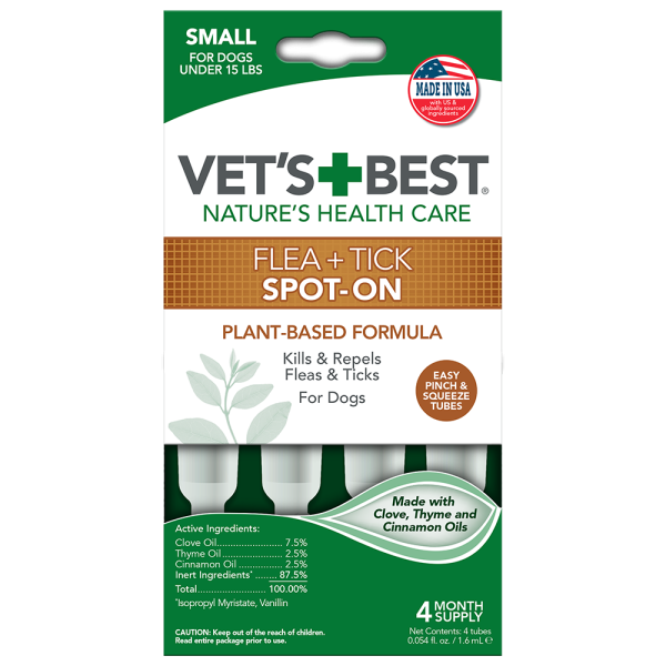 Vet's Best Flea + Tick Spot On Tubes Small - Капли от блох и клещей для собак малых пород до 7 кг 4 шт.