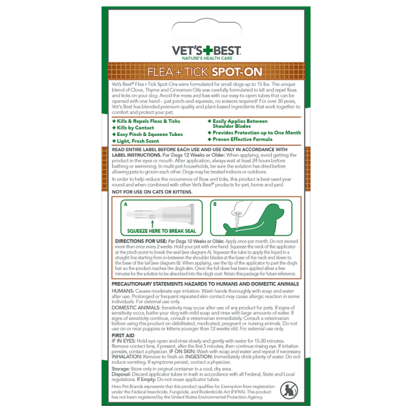 Vet's Best Flea + Tick Spot On Tubes Small - Капли от блох и клещей для собак малых пород до 7 кг 4 шт.