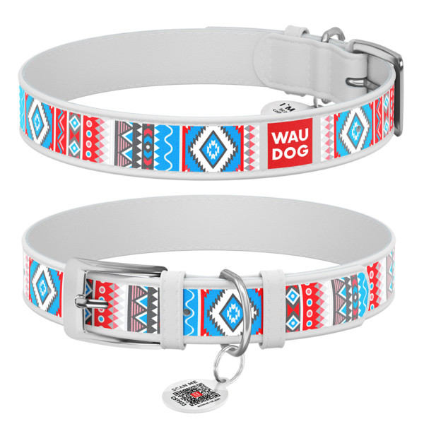 WauDog (ВауДог) Design рисунок "Этно" - Ошейник для собак кожаный белый (Ш 12 мм, Длин 18-24 см) XXS
