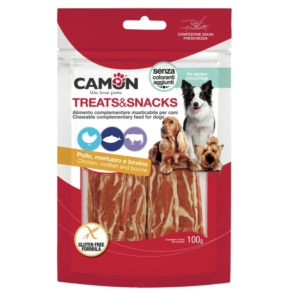 Camon (Камон) Dog Treats Jerky With Chicken, Cod&Beef Skin - Лакомство для собак джерки с курицей, треской и говяжьей кожей 100 г
