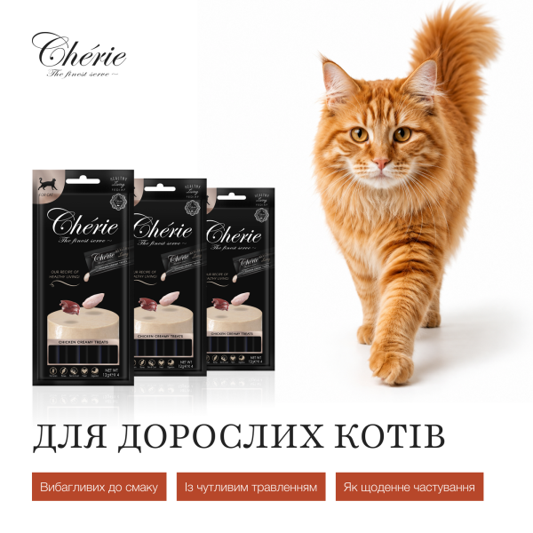 Cherie (Чери) Cat Grain Free Chicken Creamy Treat Adult - Лакомство беззерновое для взрослых котов кремовое пюре с мясом курицы 4 шт. по 12 г Cherie (Чери) Cat Grain Free Chicken Creamy Treat Adult - Лакомство беззерновое для взрослых котов кремовое пюре с мясом курицы 4 шт. по 12 г