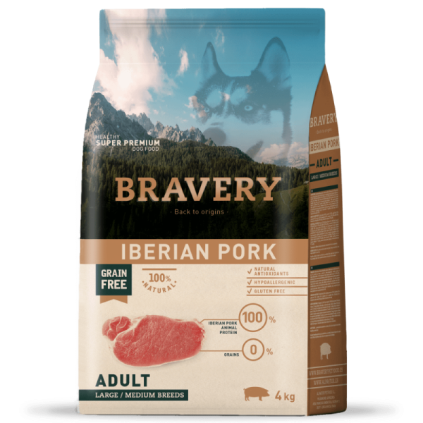 Bravery (Бравери) Dog Adult Max/Med Breed Iberian Pork - Сухой корм для собак больших и средних пород беззерновой с иберийской свининой 4 кг