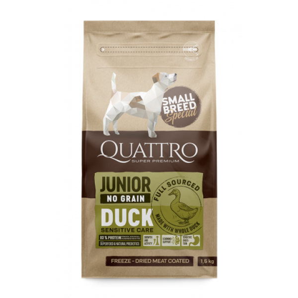 Quattro (Кватро) Dog Grain Free Duck Junior Mini - Сухой беззерновой корм для щенков мелких пород с мясом утки 1.5 кг