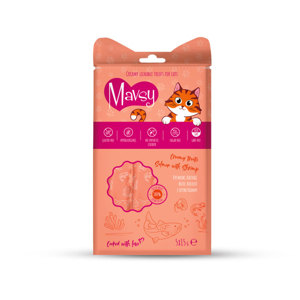 Mavsy (Мавси) Creamy Lickable Treats Salmon with Shrimp - Кремовое лакомство для кошек с филе лосося и креветками 5х15 г