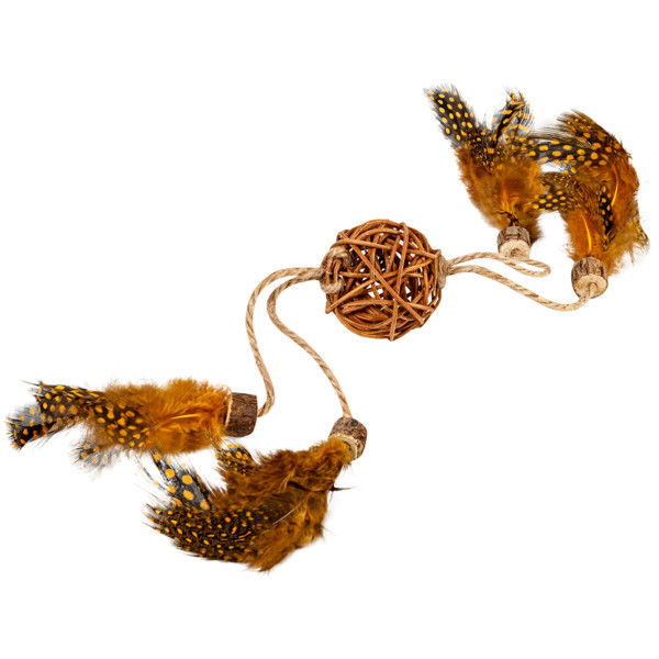 WauCat (ВауКет) Fun Natural - Игрушка для кошек плетеный мячик с перьями, деревом и джутовой веревкой 40 см