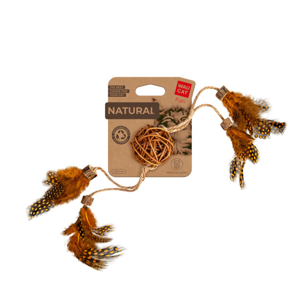 WauCat (ВауКет) Fun Natural - Игрушка для кошек плетеный мячик с перьями, деревом и джутовой веревкой 40 см