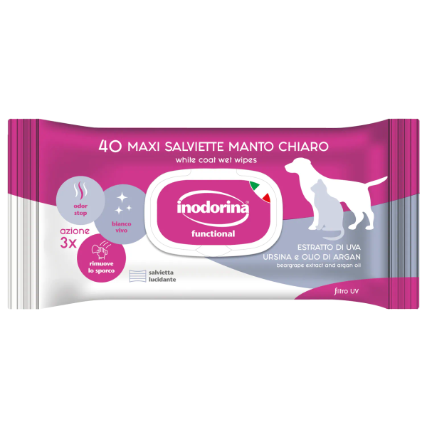Inodorina (Инодорина) Estratto Di Uva Ursina E Olio Di Argan - Влажные салфетки для собак и кошек с белой шерстью с экстрактом брусники аргановым маслом и ароматом тиаре 40 шт