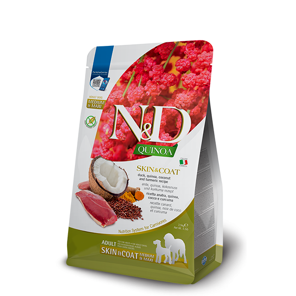 Farmina (Фармина) Dog Grain Free N&D Quinoa, Skin & Coat Duck Medium & Maxi - Сухой корм для здоровья кожи и шерсти собак с уткой, киноа, кокосом и куркумой 2.5 кг