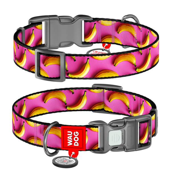WauDog (ВауДог) Nylon рисунок "Бананы на розовом" - Ошейник для собак нейлоновый (Ш 25 мм, Длин 33-49 см) L