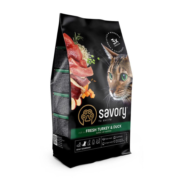 Savory (Сейвори) Adult Cat Gourmand Fresh Turkey & Duck - Сухой корм для привередливых котов с индейкой и уткой 8 кг