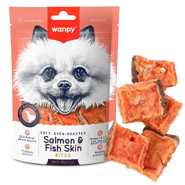 Wanpy (Ванпи) Soft Salmon & Fish Skin Bites Dog - Лакомство для собак, мягкие кусочки лосося 100 г