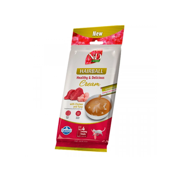 Farmina (Фармина) Cat N&D Quinoa Grain Free Chicken & Tuna Cream Hairball Adult - Лакомства беззерновые для взрослых котов для выведения комков шерсти с мясом курицы и тунца 4х15 г