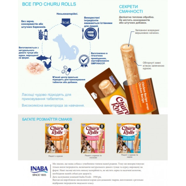 Лакомство INABA (Инаба) Dog Churu Rolls With Chicken & Salmon для собак палочки с курицей и лососем 12 г