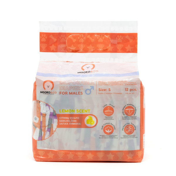 Misoko&Co (Мисоко&Ко) Disposable Diapers For Male Dogs With Moisture Indicator Lemon Scent - Одноразовые подгузники для кобелей малых пород с индикатором влажности и ароматом лимона S 12 шт.