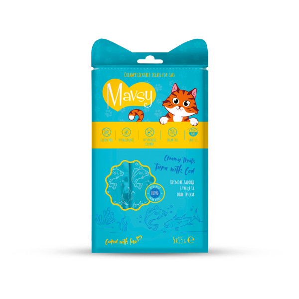 Mavsy (Мавси) Creamy Lickable Treats Tuna with Cod - Кремовое лакомство для кошек с тунцом и треской 5х15 г