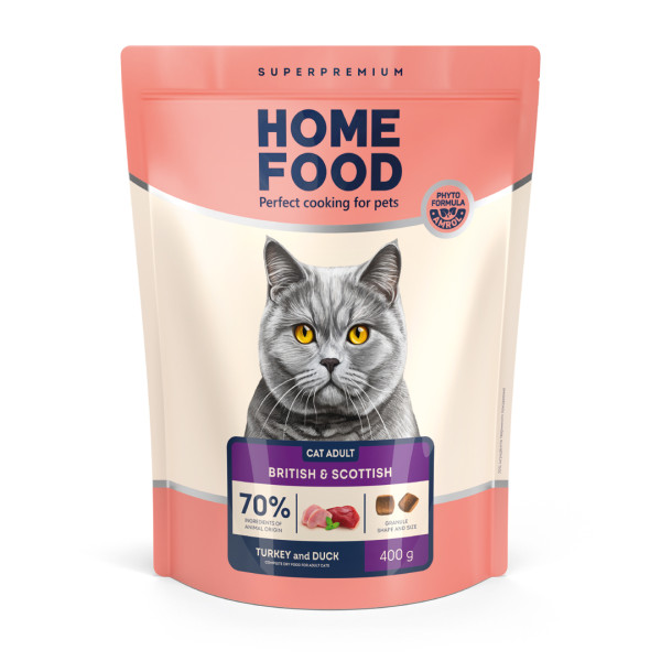 Home Food (Хоум Фуд) For Adult Cats of British and Scottish Breeds Turkey & Duck - Сухой корм для  Британских и Шотландских пород индейка и утка 400 г