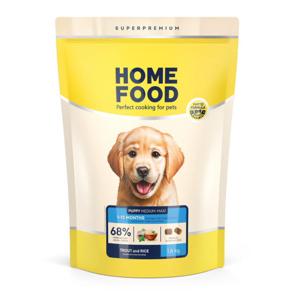 Home Food (Хоум Фуд) Dog Puppy Medium & Maxi Hypoallergenic Trout & Rice - Сухий гіпоалергенний корм для цуценят середніх і великих порід з м’ясом форелі та рисом 1.6 кг