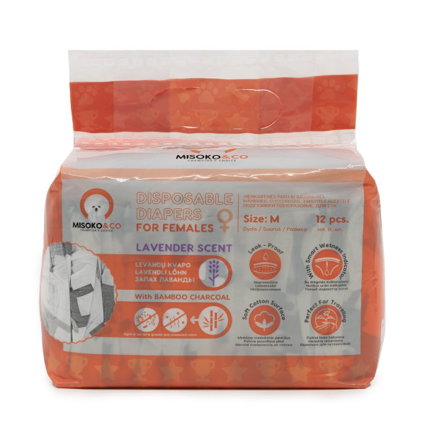Misoko&Co (Мисоко&Ко) Disposable Diapers For Female Dogs With Charcoal Moisture Indicator Lavender Scent - Одноразовые подгузники для собак-сук средних пород с углем, индикатором влажности и ароматом лаванды M 12 шт.
