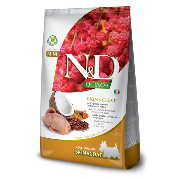 Farmina (Фармина) Dog N&D Quinoa Grain Free Quail & Coconut Skin & Coat Adult Mini - Сухой беззерновой корм для взрослых собак мелких пород для здоровья кожи и шерсти с мясом перепела, кокосом и куркумой 7 кг