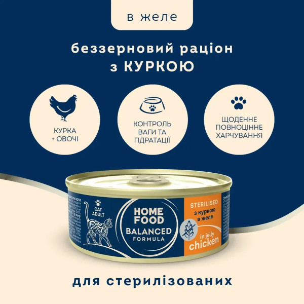 Home Food (Хоум Фуд) Cat Grain Free Chicken Adult Sterilised - Влажный беззерновой корм для взрослых стерилизованных котов кусочки в соусе с мясом курицы 85 г Home Food (Хоум Фуд) Cat Grain Free Chicken Adult Sterilised - Влажный беззерновой корм для взрослых стерилизованных котов кусочки в соусе с мясом курицы 85 г