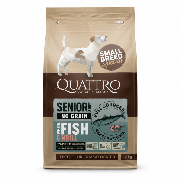 Quattro (Кватро) Dog Grain Free White Fish & Krill Diet Senior Mini - Сухой беззерновой корм для пожилых собак мелких пород с лишним весом с мясом рыбы и крилем 7 кг