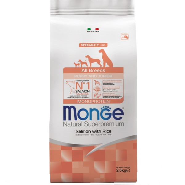 Monge (Монж) Dog Salmon & Rice Puppy & Junior All Breeds - Сухой корм для щенков всех пород с мясом лосося и рисом 2.5 кг