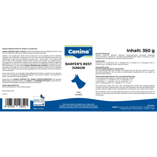 Canina (Каніна) Barfer Best Junior - Вітамінно-мінеральний комплекс для собак, яких годують натуральним кормом 350 г