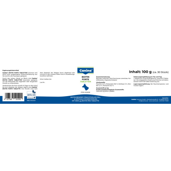 Canina (Канина) Biotin Forte Tabletten - Витамины для собак, интенсивный курс для шерсти (30 табл) 100 г