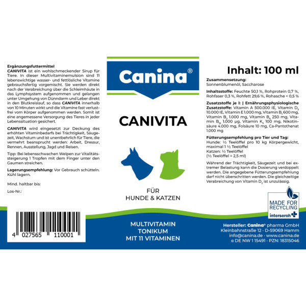 Canina (Канина) Canivita - Витаминизированный тоник для кошек и собак, с быстрым эффектом, универсальный 100 мл
