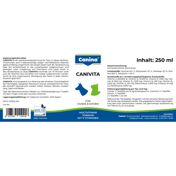 Canina (Канина) Canivita - Витаминизированный тоник для кошек и собак, с быстрым эффектом, универсальный, 250 мл