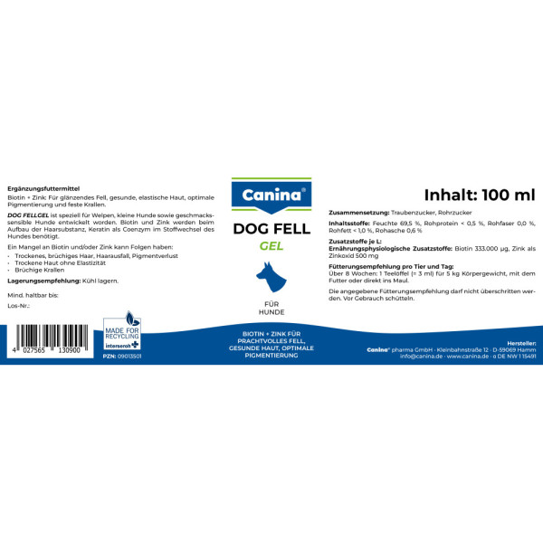 Canina (Канина) Dog Fell Gel - Витамины для собак с проблемами шерсти, биотин + цинк, 100 мл
