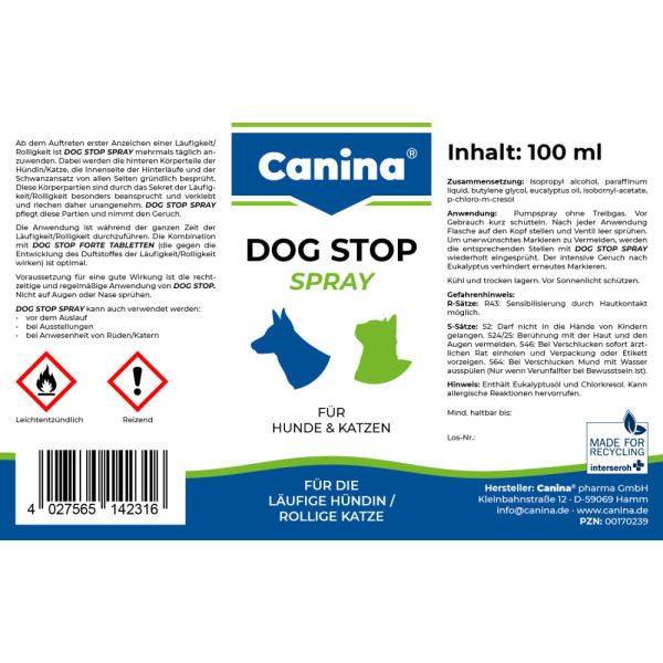 Canina (Канина) Dog Stop Spray - Гигиеническое средство для собак и кошек для успокоения спрей при течке сук 100 мл