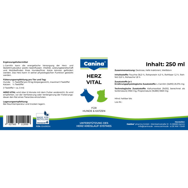 Canina (Канина) Herz-Vital - Витамины для собак и кошек для поддержки сердца, 250 мл