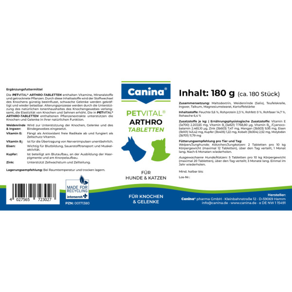 Canina (Канина) Petvital Arthro-Tabl.- Витамины для собак и кошек, для проблемных суставов (180 табл) 180 г