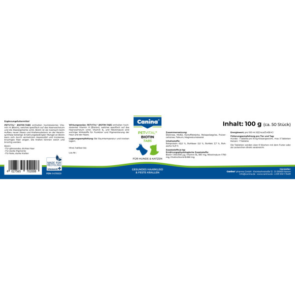 Canina (Канина) Petvital Biotin-Tabs - Витамины для привередливых собак и кошек (50 табл) 100 г