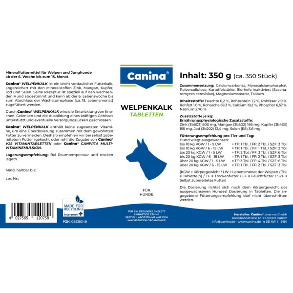 Canina (Канина) Welpenkalk - Витамины для укрепления зубов и костей у щенков (350 табл) 350 г