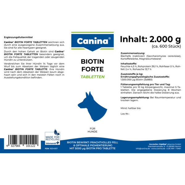 Canina (Канина) Biotin Forte Tabletten - Витамины для собак, интенсивный курс для шерсти (600 табл) 2000 г